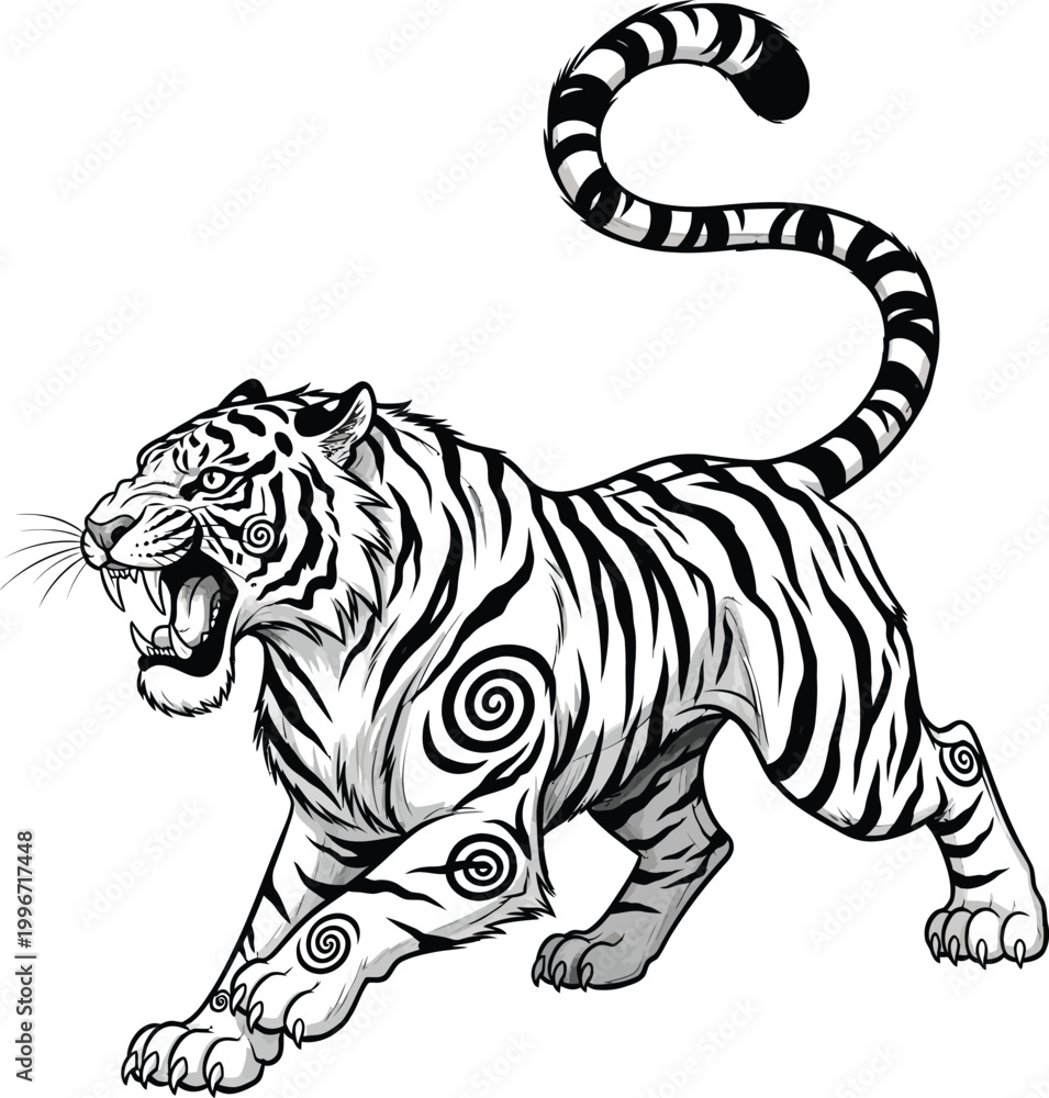 Obraz premium Black and white tiger with swirling patterns in aggressive stance