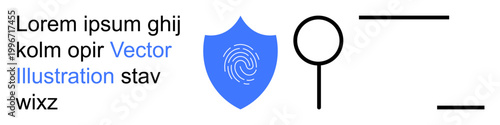 Data protection, identity verification, cybersecurity, digital security, forensic analysis, online safety. Blue shield with fingerprint, search icon and black minimalist lines. Data protection