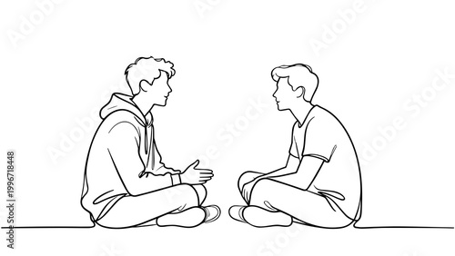 Foto Minimalist Line Art Two Men Sitting Conversation Relaxed Communication Concept f