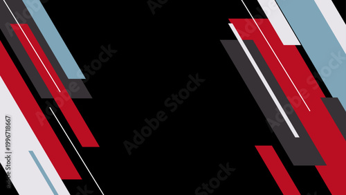 Contemporary geometric abstract background featuring red and grey slanted shapes on a solid black backdrop