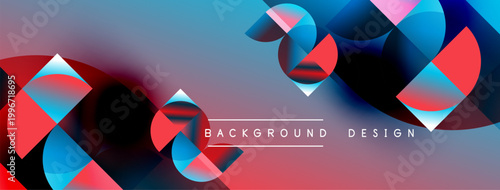 Abstract geometric shapes blend vibrant red, blue, pink hues. Modern design creates dynamic visual texture. Background features gradient transitions.