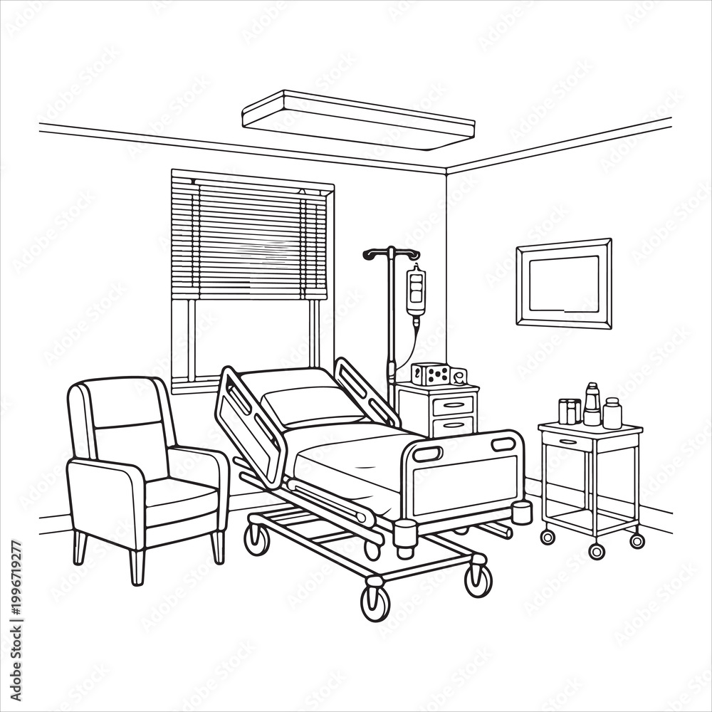 Fototapeta premium Hospital room with patient bed and medical equipment setup
