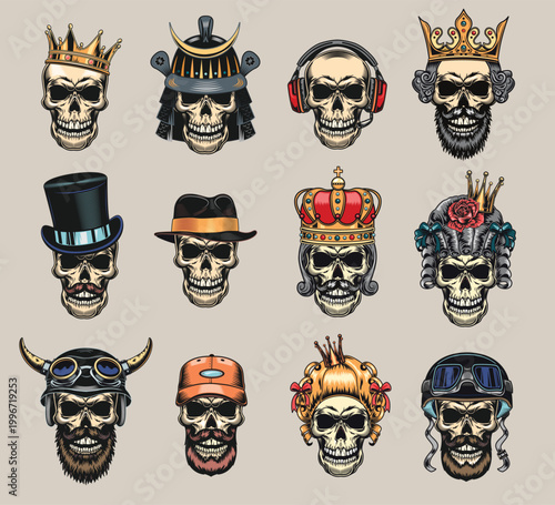 Vintage skull character set wearing different hats and headgear