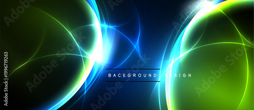 Bright abstract lines, vibrant colors blend. Dark background emphasizes glowing curves, creating dynamic visual effect. Text reads background design.