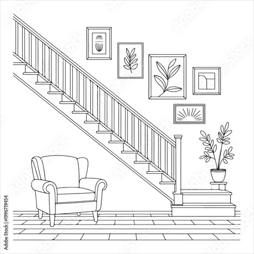Elegant staircase with armchair and decorative wall art