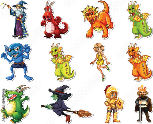 Fantasy mythical characters and magical creatures sticker set