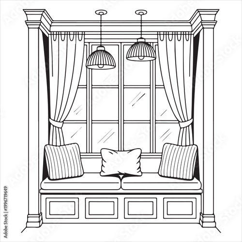 Elegant window seat with built-in bench and curtains