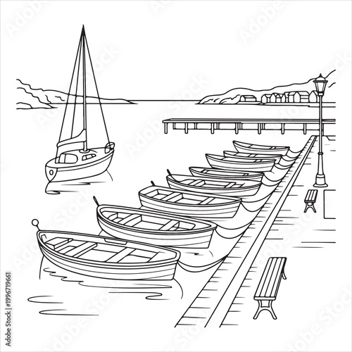 Sketch of boats docked at a serene waterfront pier
