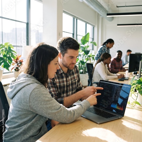 Two dedicated tech professionals working together on a laptop, reviewing code and sharing ideas in a bright, contemporary workspace, highlighting teamwork and innovation