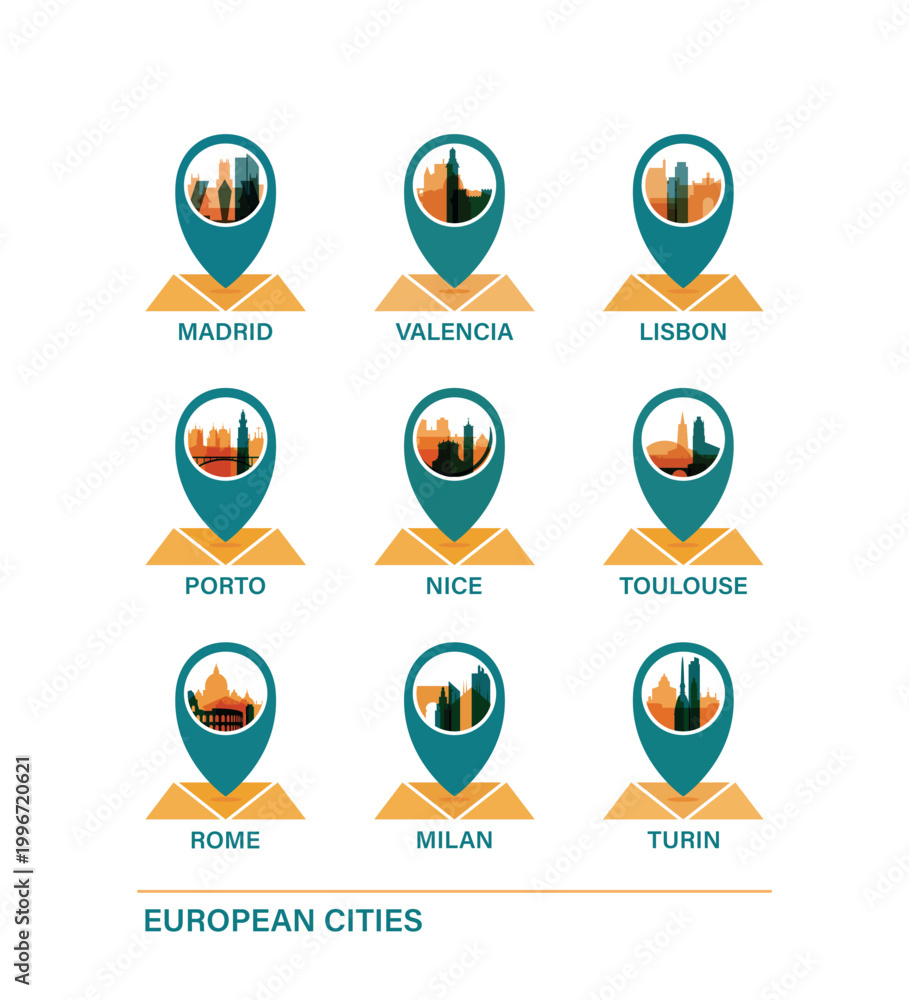 Fototapeta premium European city travel destinations: vector pin icons collection for Madrid, Valencia, Lisbon, Porto, Nice, Toulouse, Rome, Milan and Turin. Europe travel clip art pack