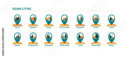Asian city travel destinations: vector pin icons collection for Bangkok, Tokyo, Beijing, Singapore, Seoul, Hong Kong, Taipei, Hanoi, Delhi. Asia travel clip art pack
