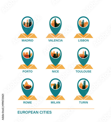 Free Download European city travel destinations: vector pin icons collection for Madrid, Valencia, Lisbon, Porto, Nice, Toulouse, Rome, Milan and Turin. Europe travel clip art pack - GFXLoad