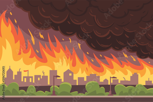 Burning City Flames Smoke Illustration Vector Crisis Concept