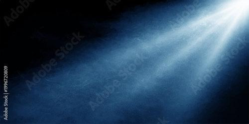 A bright blue sky with light rays piercing through dark storm clouds creates a dramatic nature backdrop featuring a misty texture of fog and smoke