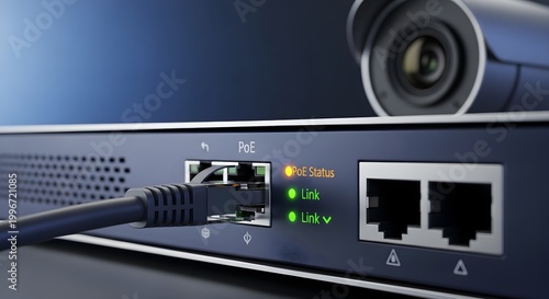 Network router and surveillance camera close up modern technology concept