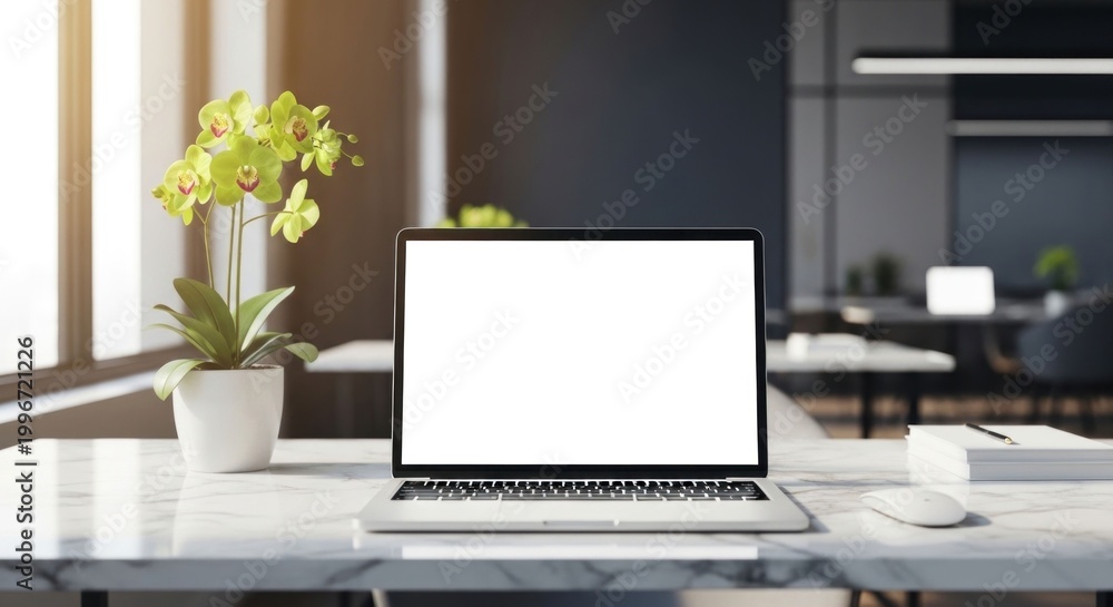 Fototapeta premium Modern Office Workspace with Laptop and Plants.