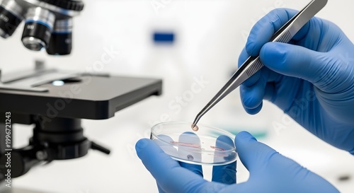 Scientist in blue gloves using a tweezer in laboratory near microscope