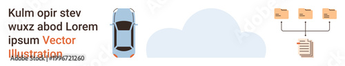 Cloud computing, file sharing, data management, information flow, digital services, technology storage. Cloud icon linked to folders and data, with a car nearby. Cloud computing and file-sharing