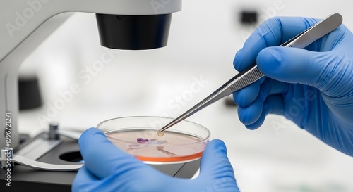 Scientist in lab examining sample under microscope analysis research