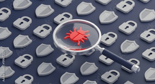 Security concept magnifying glass over red bug among locks and shields