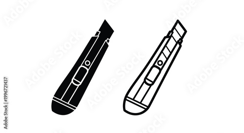Two utility knives are depicted in black and white a stark silhouette