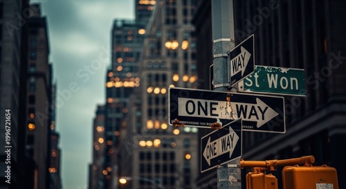 New York City One Way Street Signs at Dusk.
