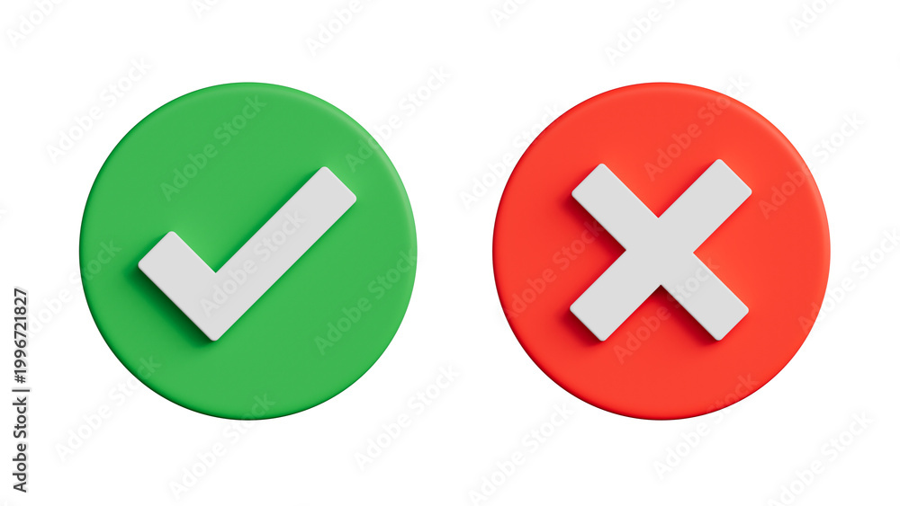 Obraz premium 3D check mark and cross icons on black background, green tick and red x buttons, yes or no choice, right and wrong symbols for UI UX design.