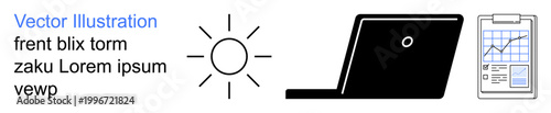 Business solutions, productivity, report analysis, digital tools, technology concepts, creativity . Black outline of a laptop, a stylized sun icon and a clipboard with a chart. Business solutions