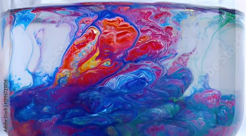 Vibrant colors swirl and mix in clear liquid creating abstract dynamic patterns.