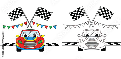 Cute cartoon race car at finish line with checkered flags. Vector illustration of colored and outline version for children coloring book page.
