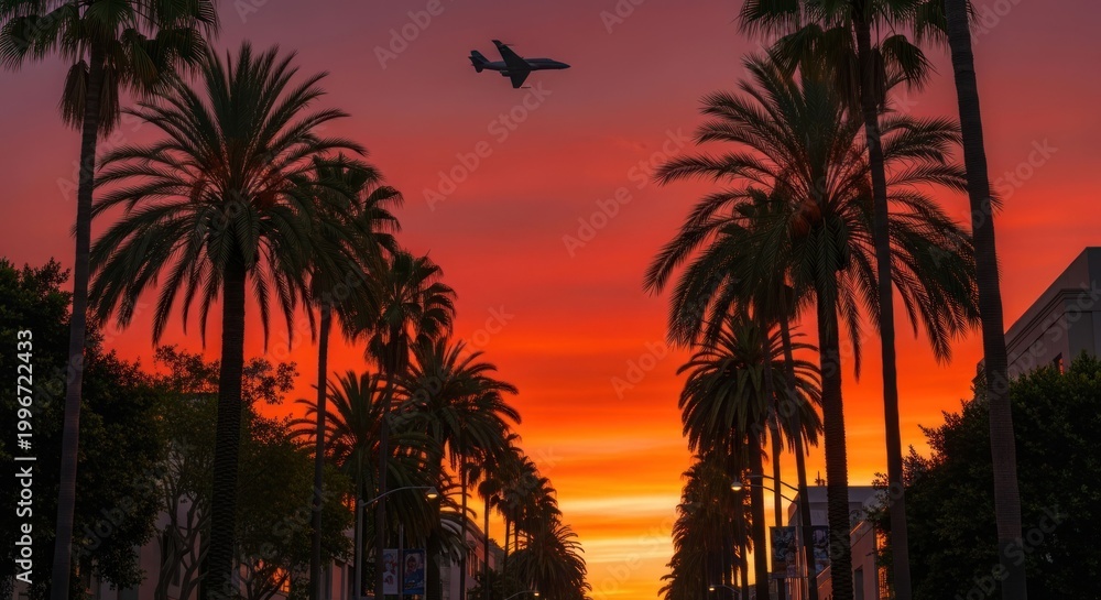 Obraz premium Palm Tree Lined Street During Vibrant Sunset with Airplane Flying Overhead.