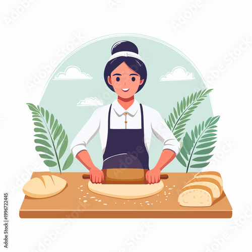 Baker Woman Rolling Dough with Bread