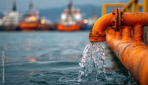 An orange pipe discharges water into the sea with offshore vessels in the background.