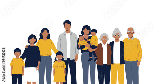 Large multigenerational family standing together in a flat vector illustration style for modern graphic design projects