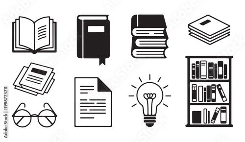 Set of black and white library book icons for school education and university studies and research.
