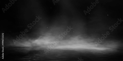 Abstract white smoke and swirling steam motion textures create a dark mist cloudscape against a black night sky background