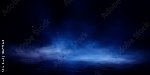 An abstract blue space backdrop blends dark night star light with a bright nature cloudscape under a heaven of motion and color