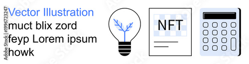 Digital economy, investments, blockchain, creative innovation, technology, crypto finance. Light bulb with leaf, NFT document and calculator visuals. Blockchain and digital economy concepts