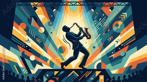 A dynamic flat design illustration captures a jazz saxophonist in full swing on stage, embodying the spirit of live music performance. 