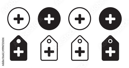 Medical plus sign icons in circles and tag shapes for health and pharmacy business identification set.