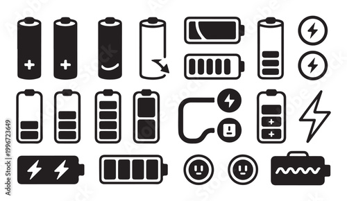 Battery level status icons for mobile devices power management energy storage and electrical supply.
