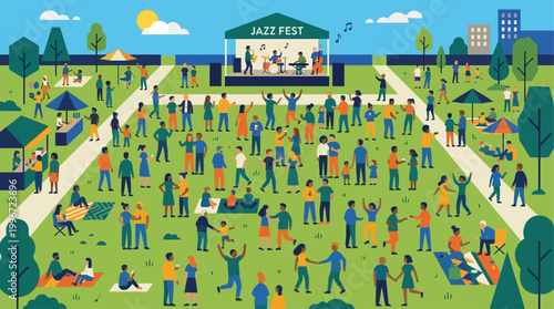 This vibrant flat design illustration showcases a diverse crowd enjoying the lively atmosphere of an outdoor jazz festival. The minimalist vector art captures the collective joy and energy of attendee