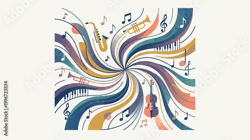 This vibrant flat design illustration visualizes the energetic flow of jazz music through abstract sound waves and dynamic geometric shapes. 