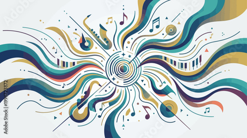 This vibrant flat design illustration visualizes the energetic flow of jazz music through abstract sound waves and dynamic geometric shapes. 