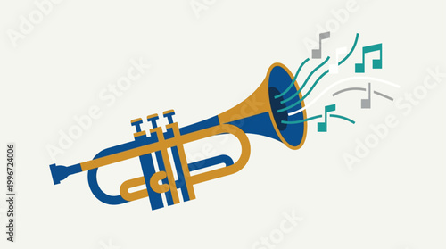 A bold flat design illustration depicting an abstract and stylized trumpet, with musical notes elegantly flowing from its bell. 