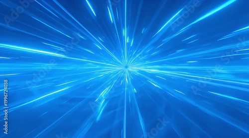 Abstract blue light tunnel zoom motion background with glowing lines radiating from center.