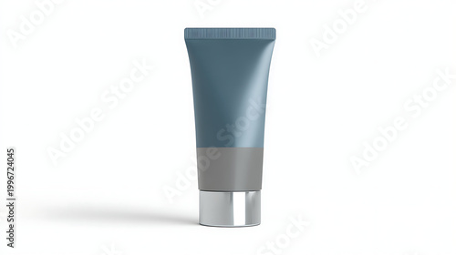Gray and blue metallic sunscreen tube on white background