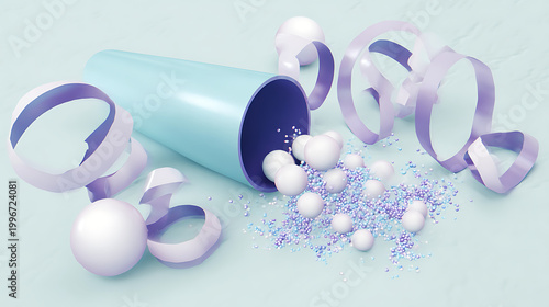 Light blue party popper explodes with purple streamers and confetti