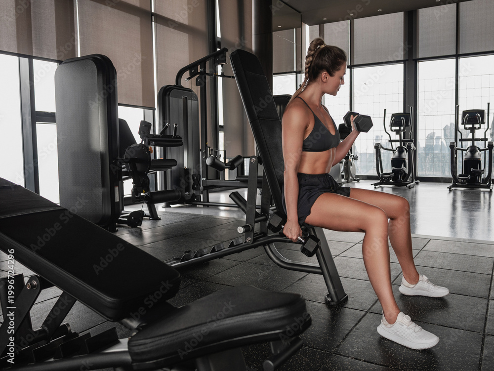 Fototapeta premium Athletic woman performing seated dumbbell bicep curl on incline bench in modern gym