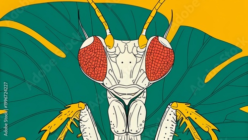 Mantis illustration shows details of features and colors in a vibrant setting